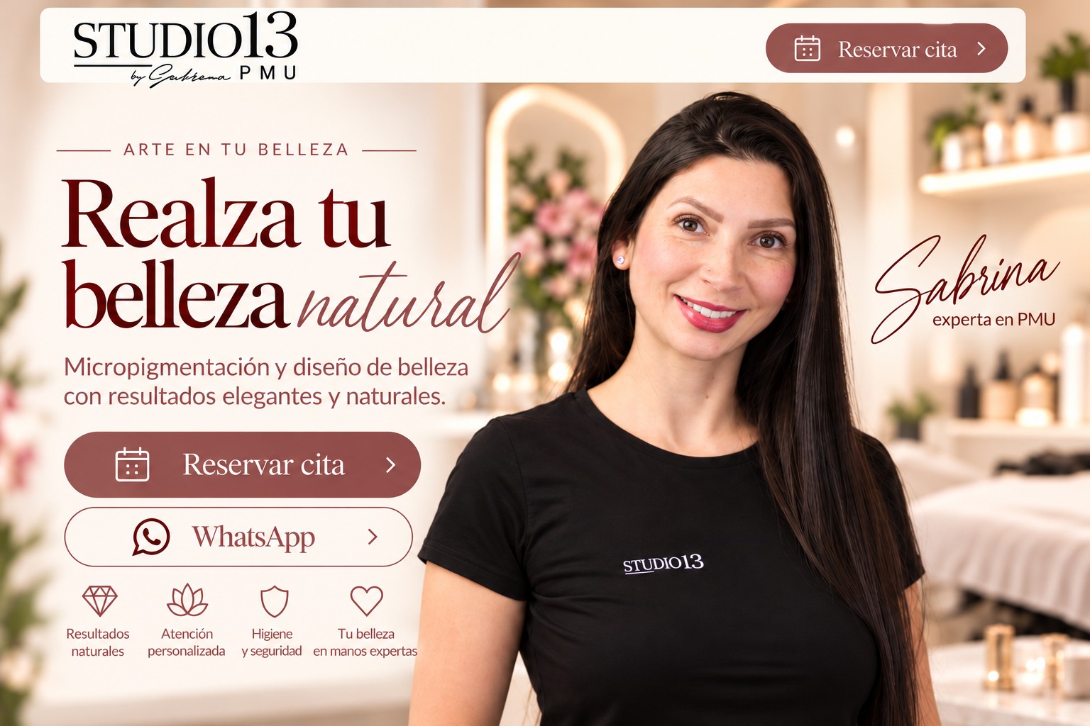 Studio 13 PMU. Realza tu belleza natural. Sabrina, experta en PMU. Reserva cita por WhatsApp.