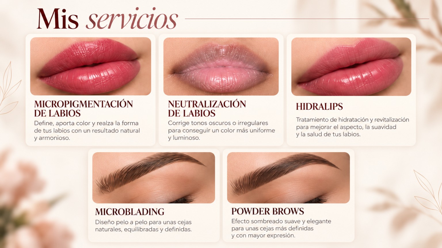 Mis servicios: micropigmentación de labios, neutralización de labios, Hidralips, microblading y powder brows.